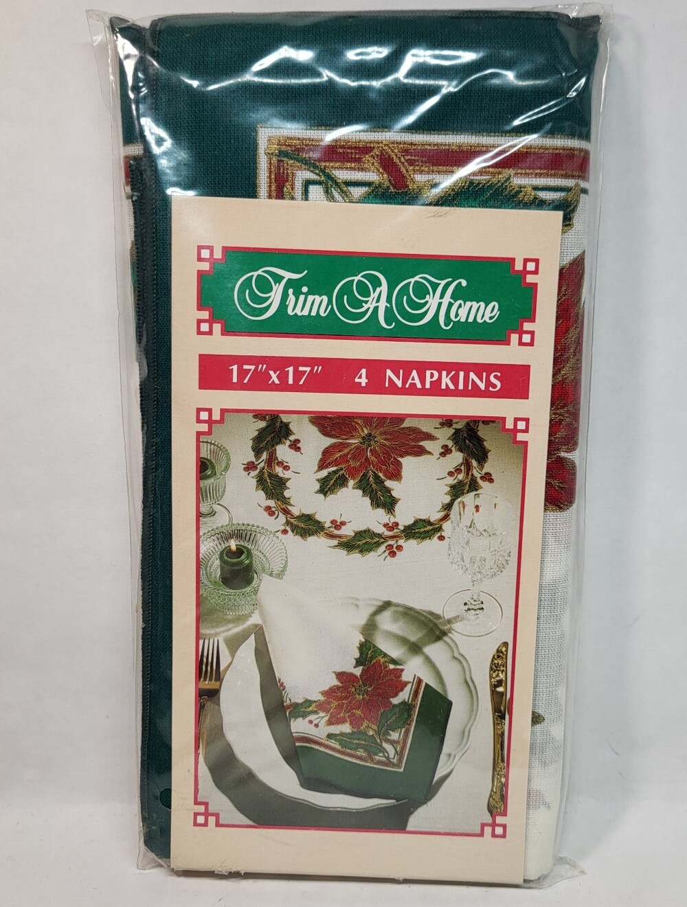 Trim A Home Christmas NAPKINS 4 Pk Poinsettias Woven Cotton Cloth 17x17 Vtg NOS